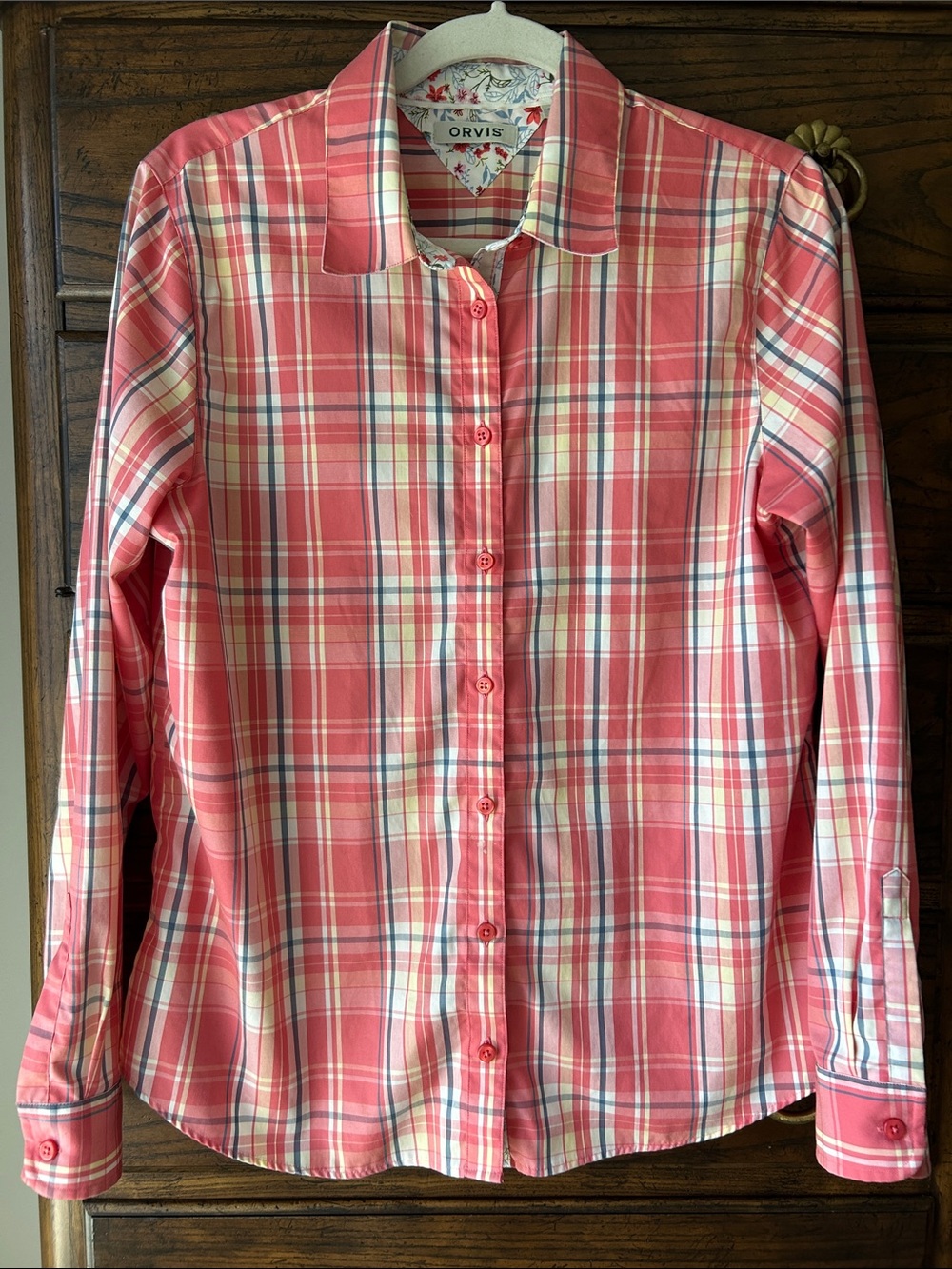 Orvis Women’s Coral and White Plaid Button-Down Shirt, Size 12